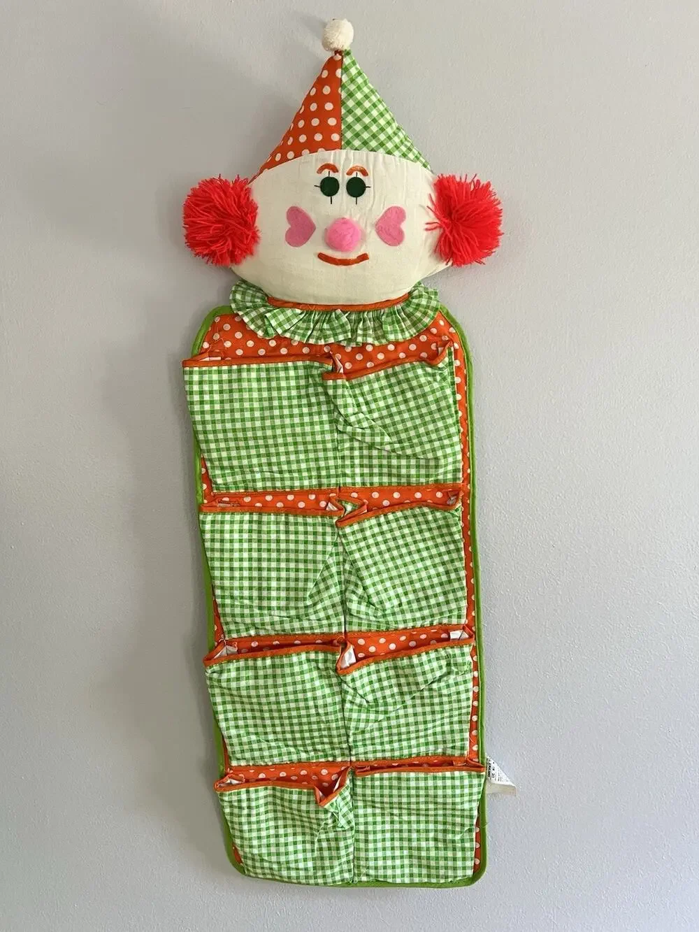 Vintage Clown Plush Hanging Fabric Toys Wall Pocket Organizer Green Orange Retro